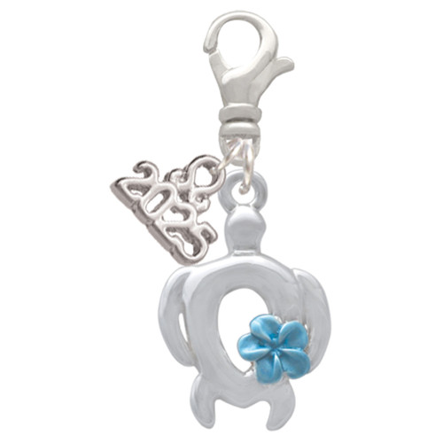 Silver Plated Open Sea Turtle with Blue Plumeria - Silver Plated Clip on Charm with Mini Year 2025: Year to Remember Jewelry Gift - Celebrations