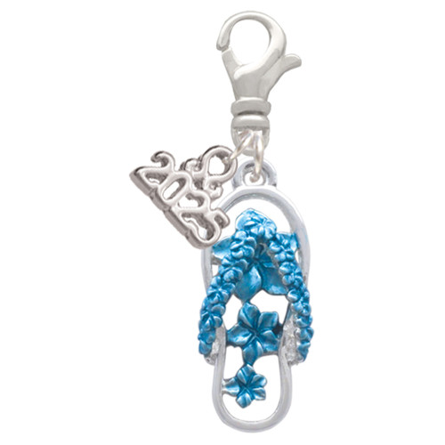 Silver Plated Blue Open Plumeria Flower Flip Flop - Silver Plated Clip on Charm with Mini Year 2025: Year to Remember Jewelry Gift - Celebrations