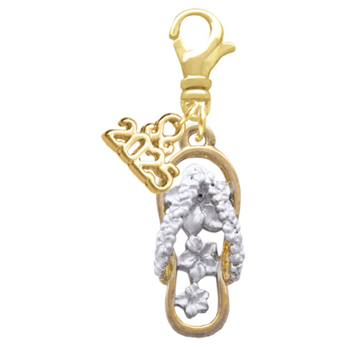 Gold-tone White Open Plumeria Flip Flop - Gold-tone Plated Clip on Charm with Mini Year 2025: Year to Remember Jewelry Gift - Celebrations
