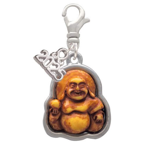 Resin Laughing Buddha in Frame - Silver Plated Clip on Charm with Mini Year 2025: Year to Remember Jewelry Gift - Celebrations