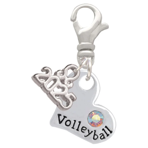 Heart with ''Volleyball'' and AB Crystal - Silver Plated Clip on Charm with Mini Year 2025: Year to Remember Jewelry Gift - Celebrations