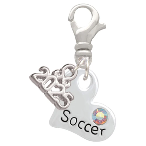 Heart with ''Soccer'' and AB Crystal - Silver Plated Clip on Charm with Mini Year 2025: Year to Remember Jewelry Gift - Celebrations