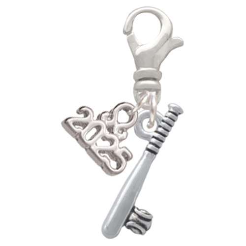 Silver Plated Baseball Bat and Ball - Silver Plated Clip on Charm with Mini Year 2025: Year to Remember Jewelry Gift - Celebrations
