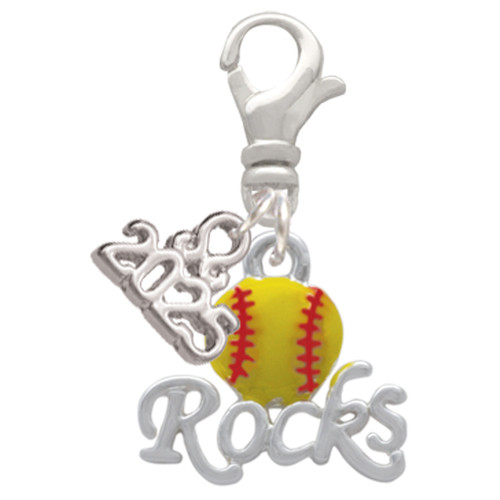 Silver Plated Enamel Softball ''Rocks'' - Silver Plated Clip on Charm with Mini Year 2025: Year to Remember Jewelry Gift - Celebrations