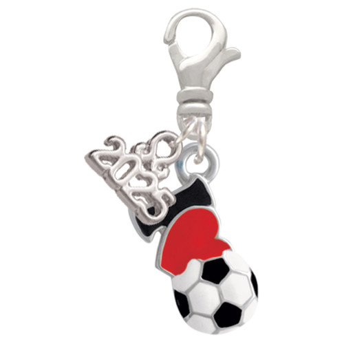 Silver Plated I love Soccer - Red Heart - Silver Plated Clip on Charm with Mini Year 2025: Year to Remember Jewelry Gift - Celebrations