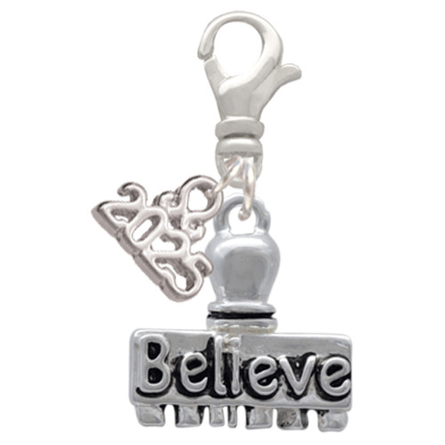 Silver Plated 3-D ''Believe'' Stamp - Silver Plated Clip on Charm with Mini Year 2025: Year to Remember Jewelry Gift - Celebrations