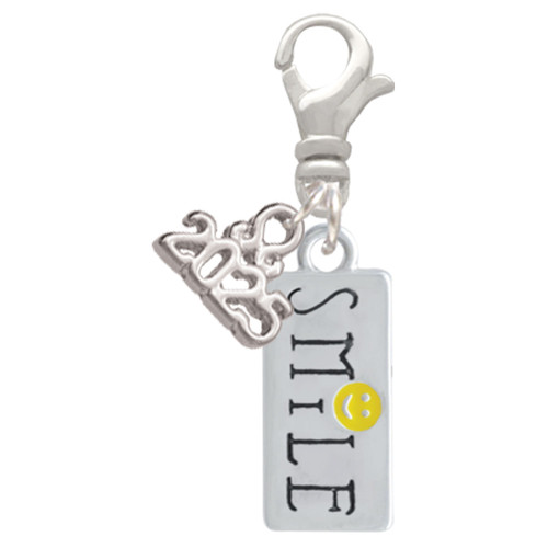 Silver Plated Smile with Smiley Face Rectangle - Silver Plated Clip on Charm with Mini Year 2025: Year to Remember Jewelry Gift - Celebrations