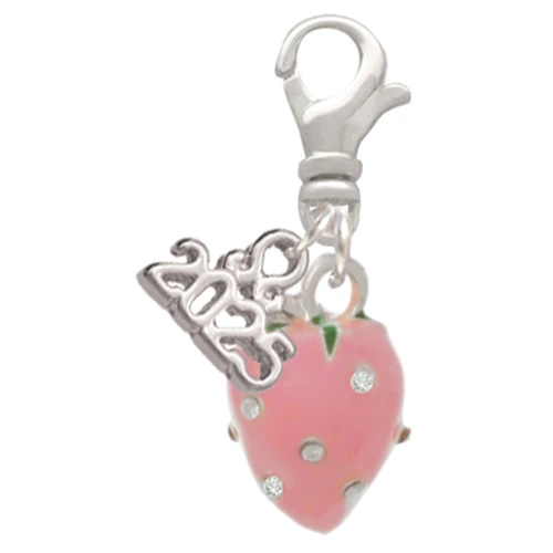 Silver Plated Large 3-D Pink Strawberry with Crystals - Silver Plated Clip on Charm with Mini Year 2025: Year to Remember Jewelry Gift - Celebrations