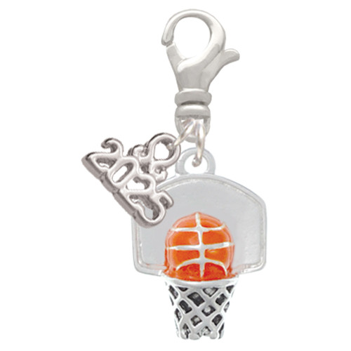 Silver Plated 3-D Enamel Basketball in Hoop - Silver Plated Clip on Charm with Mini Year 2025: Year to Remember Jewelry Gift - Celebrations