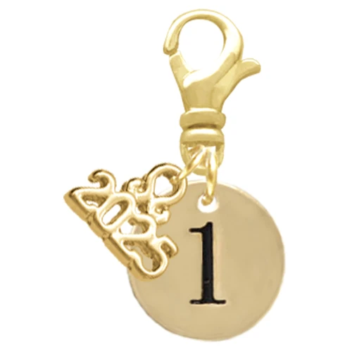 Gold-tone Disc 1/2'' Number - 1 - Gold-tone Plated Clip on Charm with Mini Year 2025: Year to Remember Jewelry Gift - Celebrations