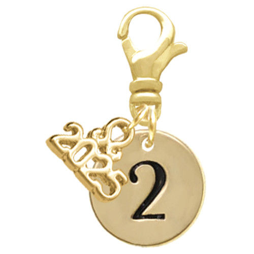 Gold-tone Disc 1/2'' Number - 2 - Gold-tone Plated Clip on Charm with Mini Year 2025: Year to Remember Jewelry Gift - Celebrations
