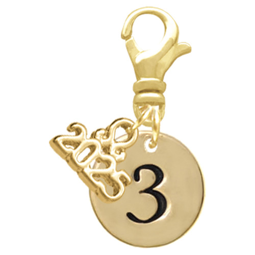 Gold-tone Disc 1/2'' Number - 3 - Gold-tone Plated Clip on Charm with Mini Year 2025: Year to Remember Jewelry Gift - Celebrations