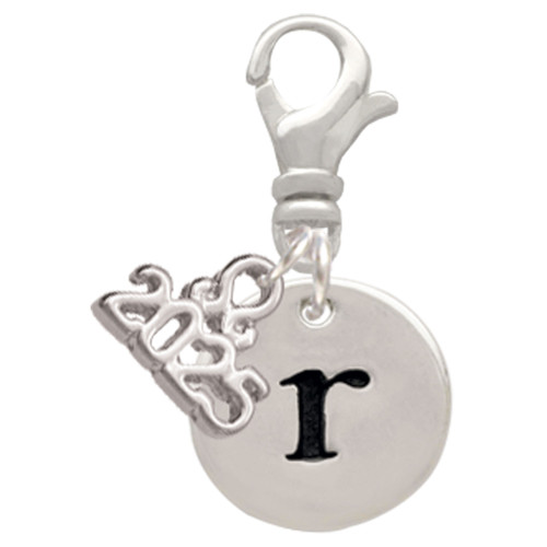 Silver Plated Disc Initial - r - Silver Plated Clip on Charm with Mini Year 2025: Year to Remember Jewelry Gift - Celebrations
