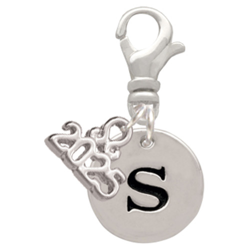 Silver Plated Disc Initial - s - Silver Plated Clip on Charm with Mini Year 2025: Year to Remember Jewelry Gift - Celebrations