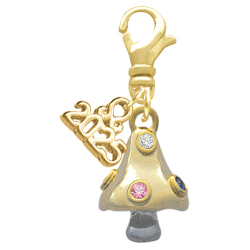 3-D Gold-tone Mushroom with Crystals - Gold-tone Plated Clip on Charm with Mini Year 2025: Year to Remember Jewelry Gift - Celebrations