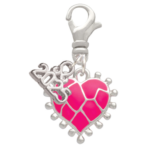 Silver Plated Hot Pink Giraffe Print Heart - Silver Plated Clip on Charm with Mini Year 2025: Year to Remember Jewelry Gift - Celebrations