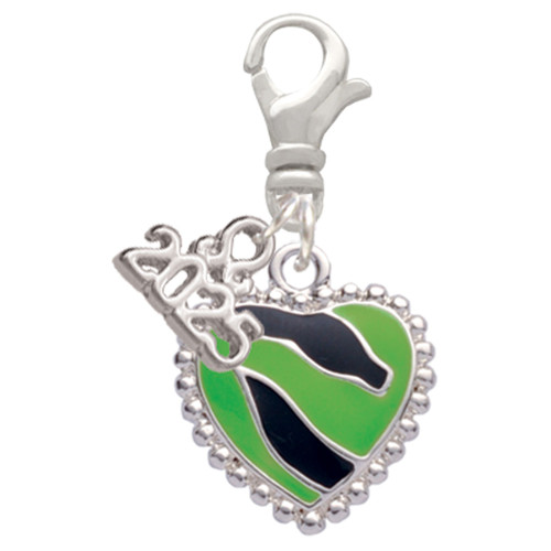 Silver Plated Lime Green Zebra Print Heart - Silver Plated Clip on Charm with Mini Year 2025: Year to Remember Jewelry Gift - Celebrations