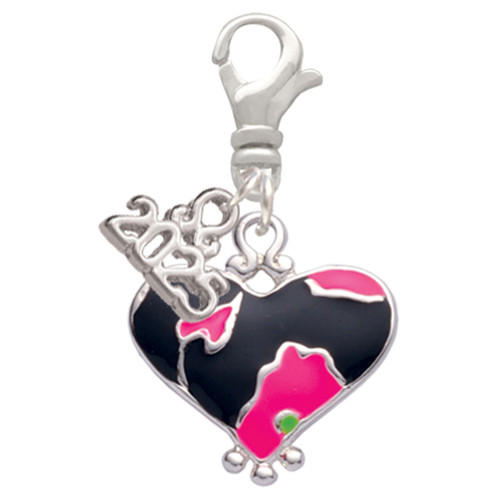 Silver Plated Hot Pink Large Cheetah Print Heart - Silver Plated Clip on Charm with Mini Year 2025: Year to Remember Jewelry Gift - Celebrations