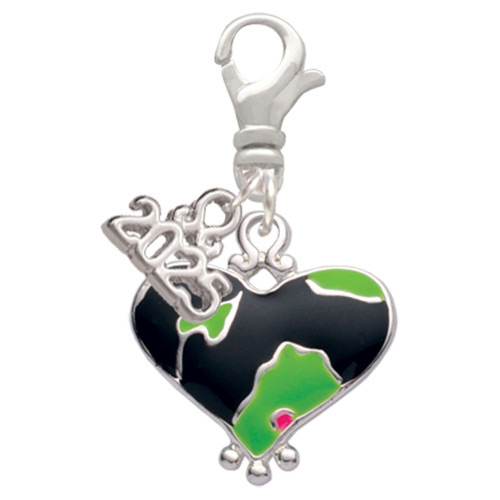 Silver Plated Lime Green Large Cheetah Print Heart - Silver Plated Clip on Charm with Mini Year 2025: Year to Remember Jewelry Gift - Celebrations
