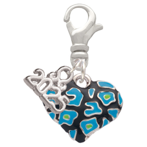 Silver Plated Hot Blue Cheetah Print Heart - Silver Plated Clip on Charm with Mini Year 2025: Year to Remember Jewelry Gift - Celebrations