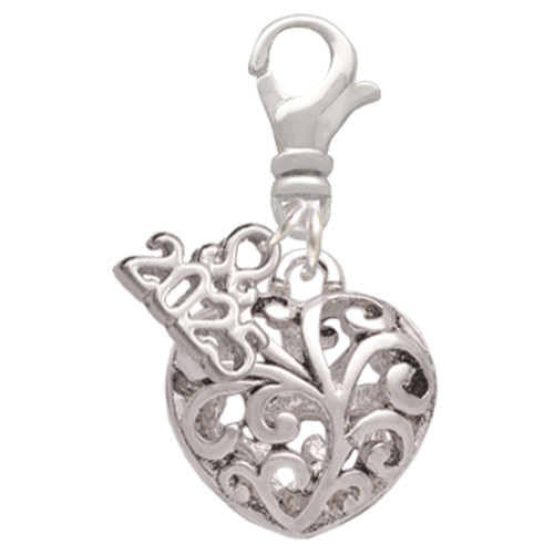 Silver Plated Medium Open Filigree Heart - Silver Plated Clip on Charm with Mini Year 2025: Year to Remember Jewelry Gift - Celebrations