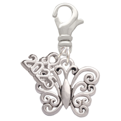 Filigree Curls Butterfly - Silver Plated Clip on Charm with Mini Year 2025: Year to Remember Jewelry Gift - Celebrations