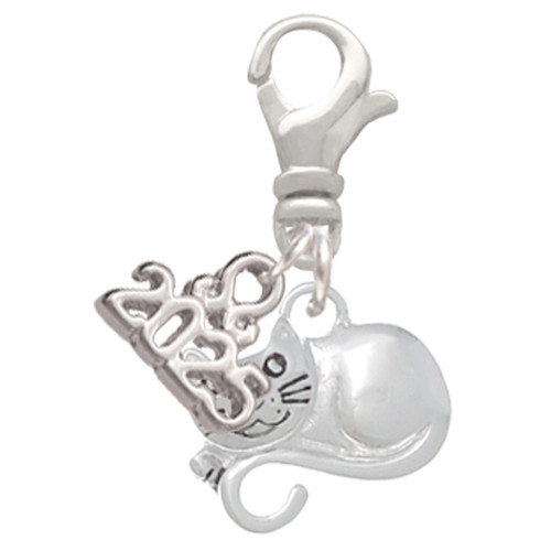 Curled Up Cat - Silver Plated Clip on Charm with Mini Year 2025: Year to Remember Jewelry Gift - Celebrations