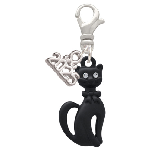 Tall Sitting Matte Black Cat - Silver Plated Clip on Charm with Mini Year 2025: Year to Remember Jewelry Gift - Celebrations