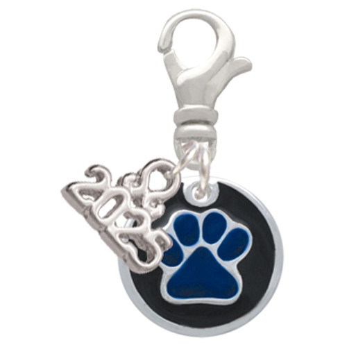 Silver Plated Royal Blue Paw on Black Disc - Silver Plated Clip on Charm with Mini Year 2025: Year to Remember Jewelry Gift - Celebrations