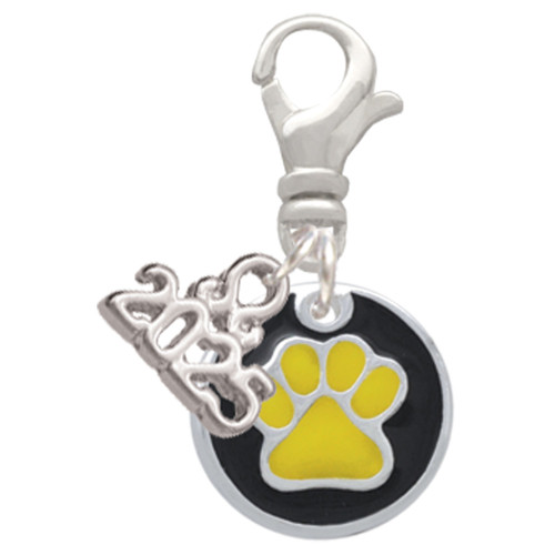 Silver Plated Yellow Paw on Black Disc - Silver Plated Clip on Charm with Mini Year 2025: Year to Remember Jewelry Gift - Celebrations