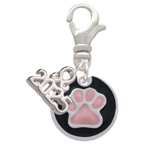 Silver Plated Pink Paw on Black Disc - Silver Plated Clip on Charm with Mini Year 2025: Year to Remember Jewelry Gift - Celebrations