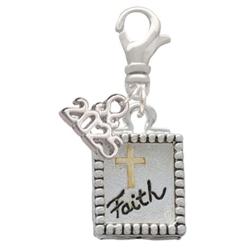 Two-tone Shadow Box ''Faith'' with Cross - Silver Plated Clip on Charm with Mini Year 2025: Year to Remember Jewelry Gift - Celebrations