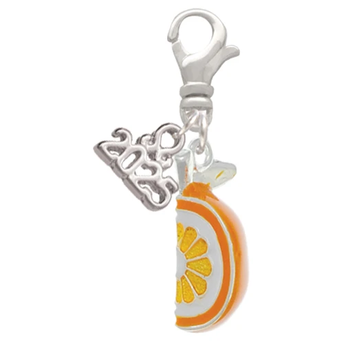 3-D Enamel Orange Slice - Silver Plated Clip on Charm with Mini Year 2025: Year to Remember Jewelry Gift - Celebrations