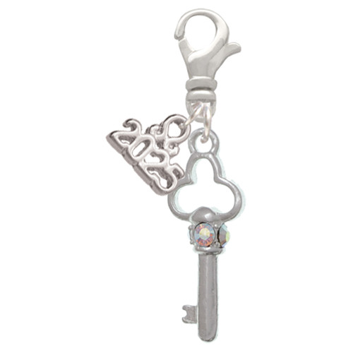 Silver Plated Trefoil Key with AB Crystals - Silver Plated Clip on Charm with Mini Year 2025: Year to Remember Jewelry Gift - Celebrations