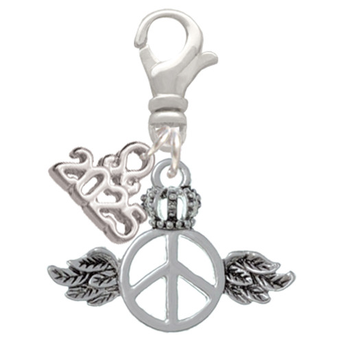 Silver Plated Winged Peace Sign with Crown - Silver Plated Clip on Charm with Mini Year 2025: Year to Remember Jewelry Gift - Celebrations