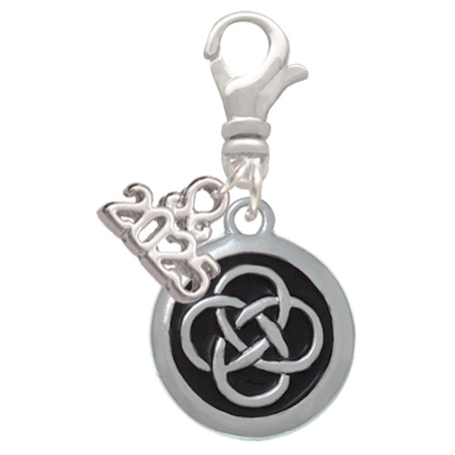 Silver Plated Celtic Knot in Black Circle - Silver Plated Clip on Charm with Mini Year 2025: Year to Remember Jewelry Gift - Celebrations