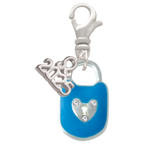 Hot Blue Enamel Lock with Clear Crystals - Silver Plated Clip on Charm with Mini Year 2025: Year to Remember Jewelry Gift - Celebrations