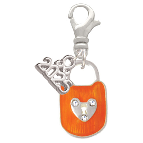 Hot Orange Enamel Lock with Clear Crystals - Silver Plated Clip on Charm with Mini Year 2025: Year to Remember Jewelry Gift - Celebrations