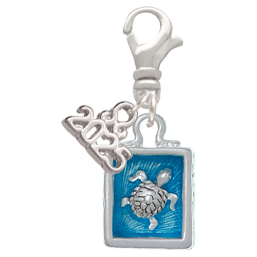 Silver Plated Sea Turtle in Shadow Box - Silver Plated Clip on Charm with Mini Year 2025: Year to Remember Jewelry Gift - Celebrations
