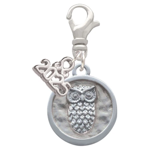 Silver Plated Owl - Round Seal - Silver Plated Clip on Charm with Mini Year 2025: Year to Remember Jewelry Gift - Celebrations