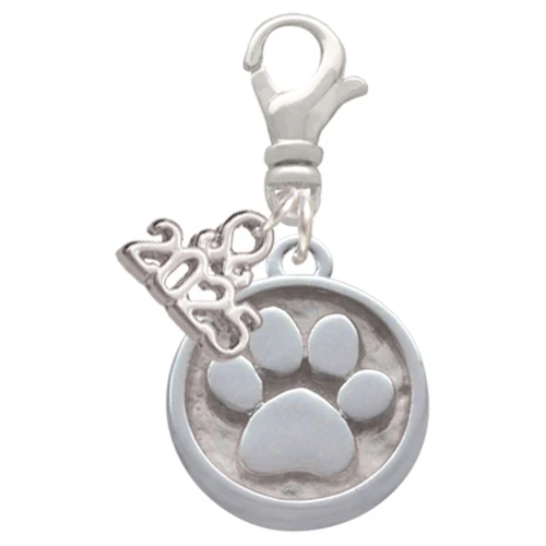 Silver Plated Paw - Round Seal - Silver Plated Clip on Charm with Mini Year 2025: Year to Remember Jewelry Gift - Celebrations