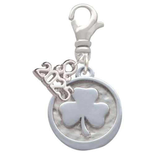 Silver Plated Shamrock - Round Seal - Silver Plated Clip on Charm with Mini Year 2025: Year to Remember Jewelry Gift - Celebrations