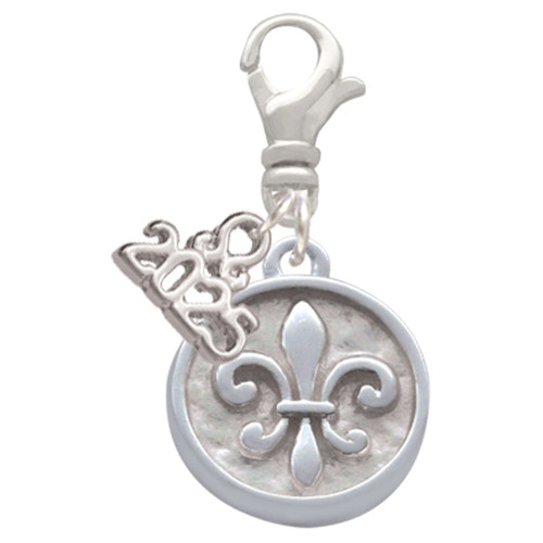 Silver Plated Fleur di Lis - Round Seal - Silver Plated Clip on Charm with Mini Year 2025: Year to Remember Jewelry Gift - Celebrations