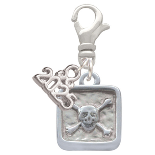 Silver Plated Skull and Bones - Square Seal - Silver Plated Clip on Charm with Mini Year 2025: Year to Remember Jewelry Gift - Celebrations