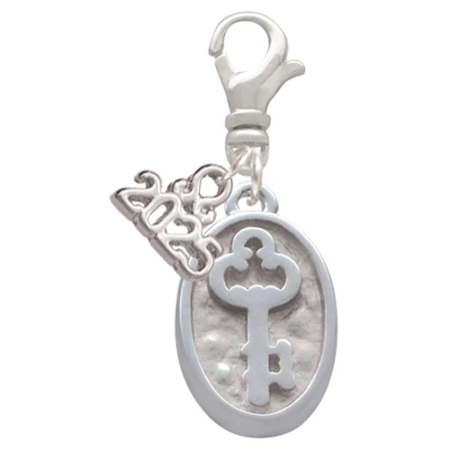 Silver Plated Key - Oval Seal - Silver Plated Clip on Charm with Mini Year 2025: Year to Remember Jewelry Gift - Celebrations