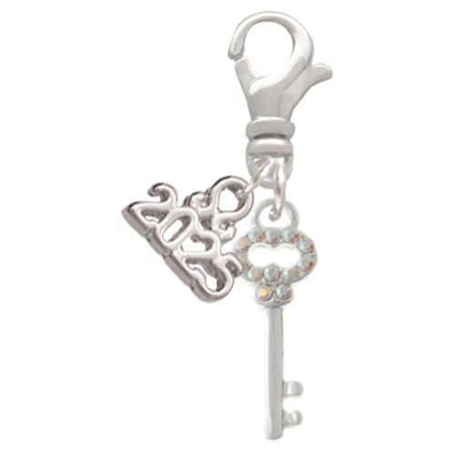 Silver Plated Small Clear AB Crystals Oval Key - Silver Plated Clip on Charm with Mini Year 2025: Year to Remember Jewelry Gift - Celebrations
