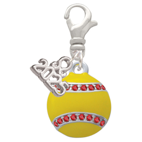 Silver Plated Optic Yellow Softball with Red Crystal Stitching - Silver Plated Clip on Charm with Mini Year 2025: Year to Remember Jewelry Gift - Celebrations
