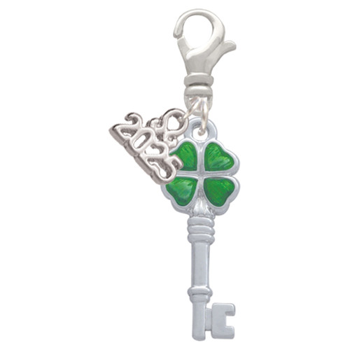 Silver Plated Translucent Green Lucky Four Leaf Clover Key - Silver Plated Clip on Charm with Mini Year 2025: Year to Remember Jewelry Gift - Celebrations