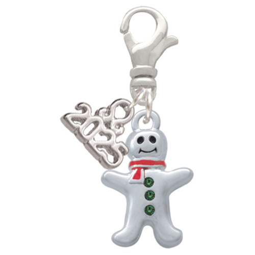 Silver Plated Gingerbread Man with Red Scarf - Silver Plated Clip on Charm with Mini Year 2025: Year to Remember Jewelry Gift - Celebrations