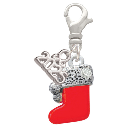 Silver Plated 3-D Red Christmas Stocking - Silver Plated Clip on Charm with Mini Year 2025: Year to Remember Jewelry Gift - Celebrations